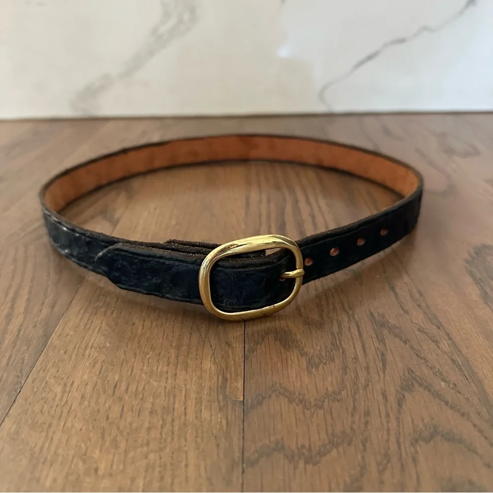 Vintage Textured Leather Medium Leather Belt Gold Tone Oval Buckle Navy Blue S